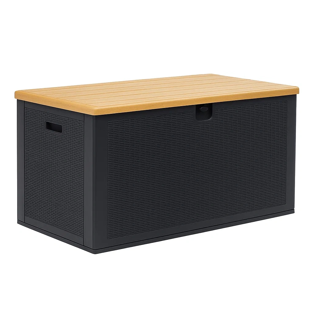 Baule portaoggetti in plastica nero con coperchio effetto legno