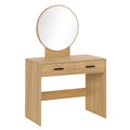 Tavolo Toeletta con Specchio Rotondo e Cassetti in Legno MDF Rovere Chiaro