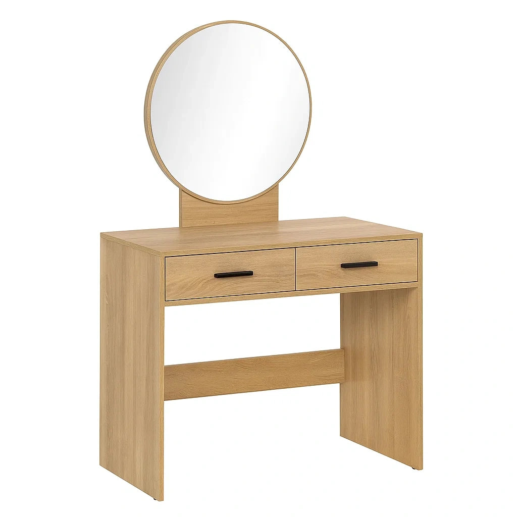 Tavolo Toeletta con Specchio Rotondo e Cassetti in Legno MDF Rovere Chiaro