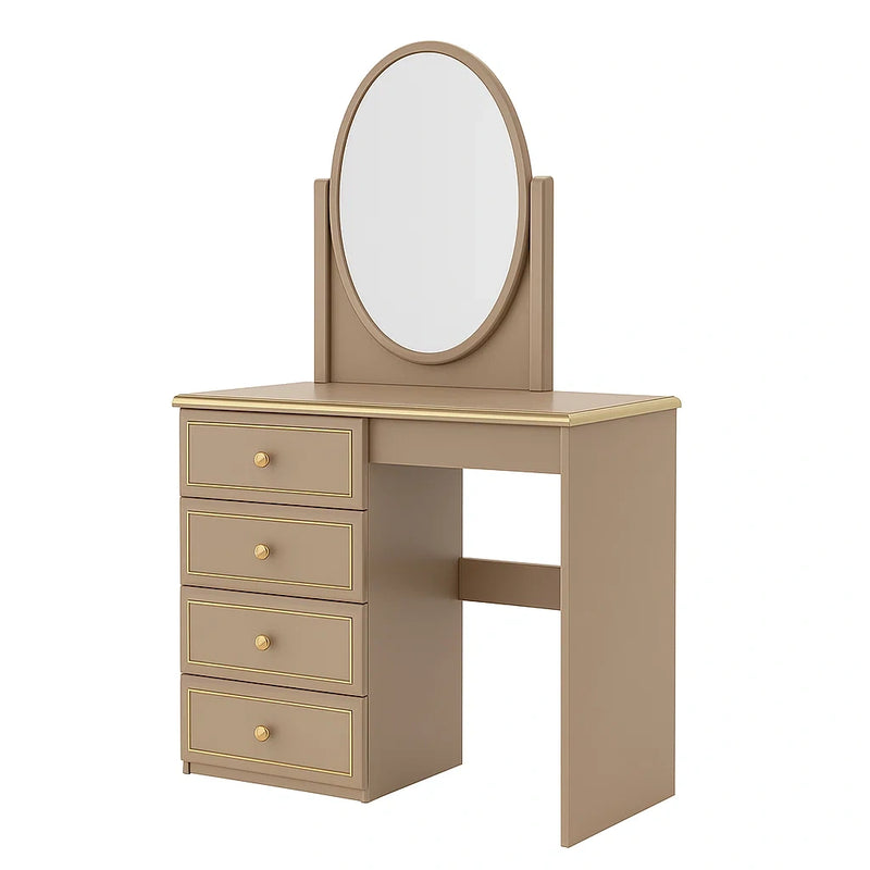 Toeletta in Legno con Cassetti e Specchio Ovale Beige