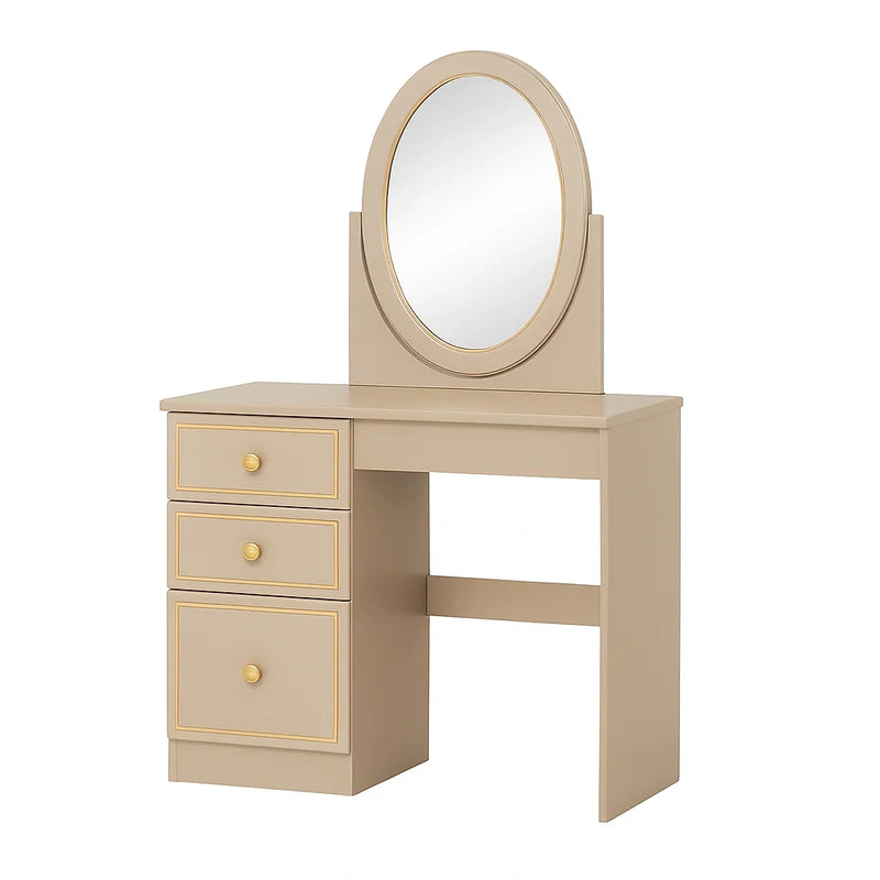 Tavolo da toeletta in legno MDF con specchio ovale e cassetti beige
