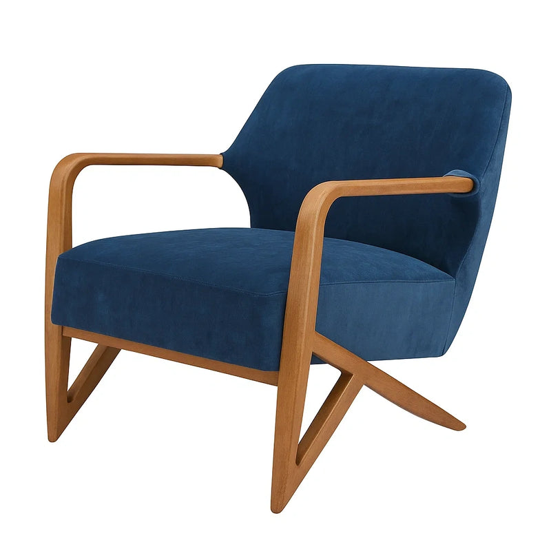 Poltrona in Velluto Blu con Struttura in Legno