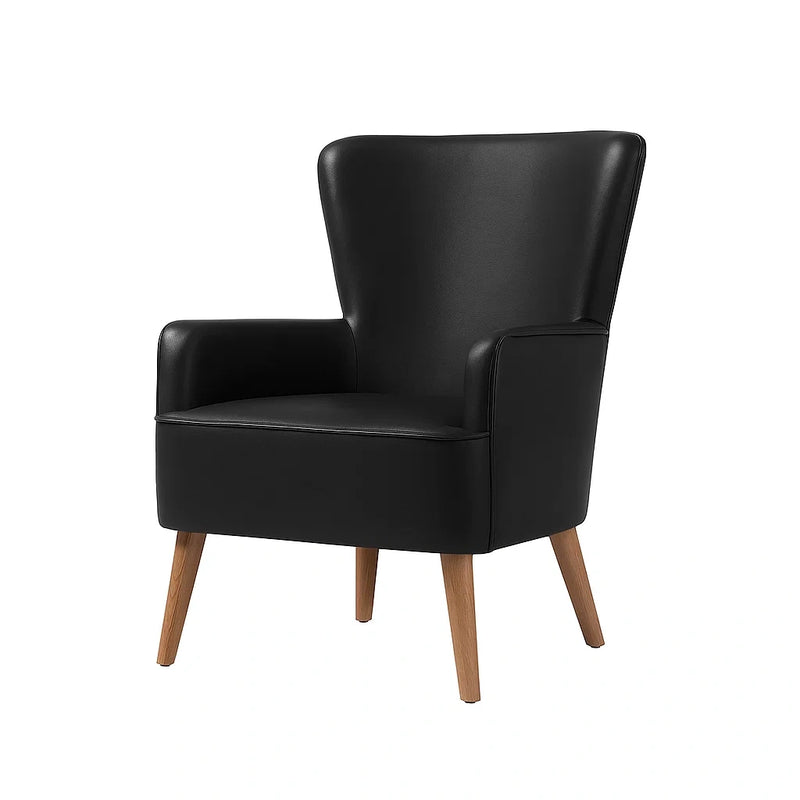 Poltrona in Pelle Sintetica Nera con Gambe in Legno