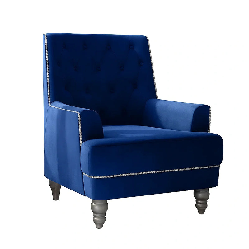 Poltrona in Velluto Blu con Gambe in Legno