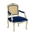 Poltrona in Legno con Velluto Blu e Schienale in Rattan