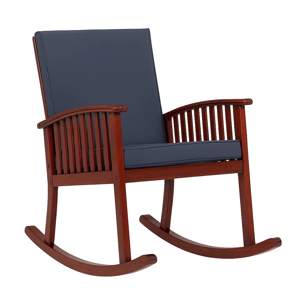 Sedia a dondolo in legno con cuscino blu