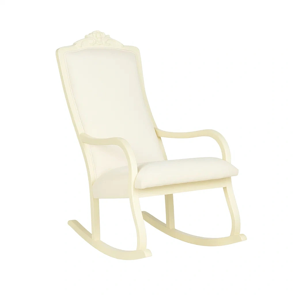 Sedia a dondolo in legno con rivestimento in ecopelle crema