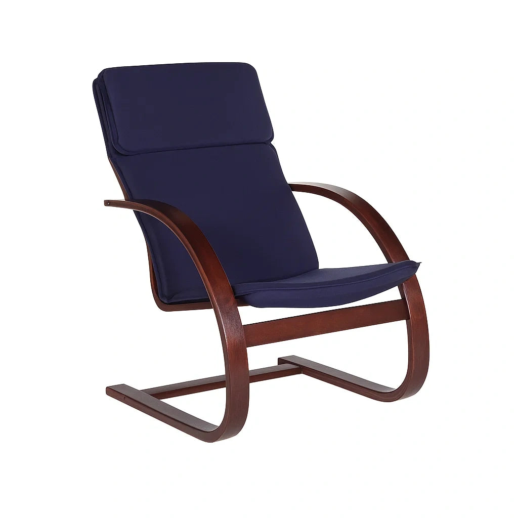 Sedia a Dondolo in Legno con Cuscini in Tessuto Blu