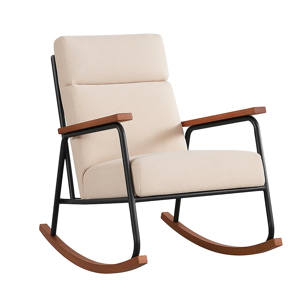 Sedia a Dondolo in Metallo con Braccioli in Legno e Rivestimento in Tessuto Beige