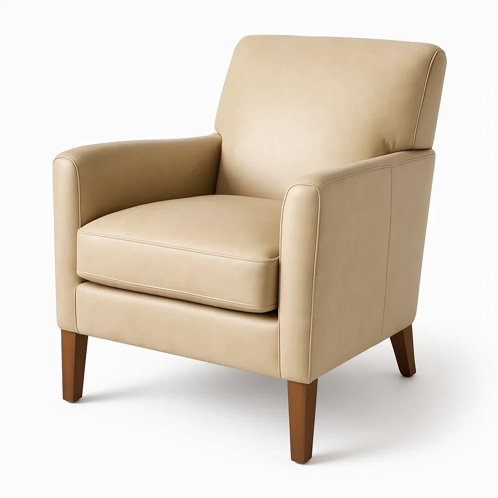 Poltrona in Pelle Sintetica Beige con Gambe in Legno