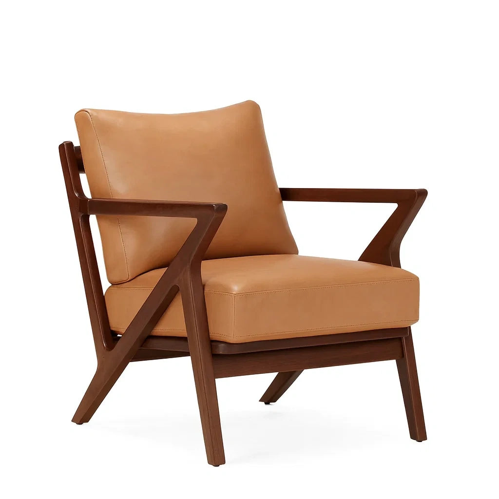 Poltrona in Pelle Marrone con Struttura in Legno
