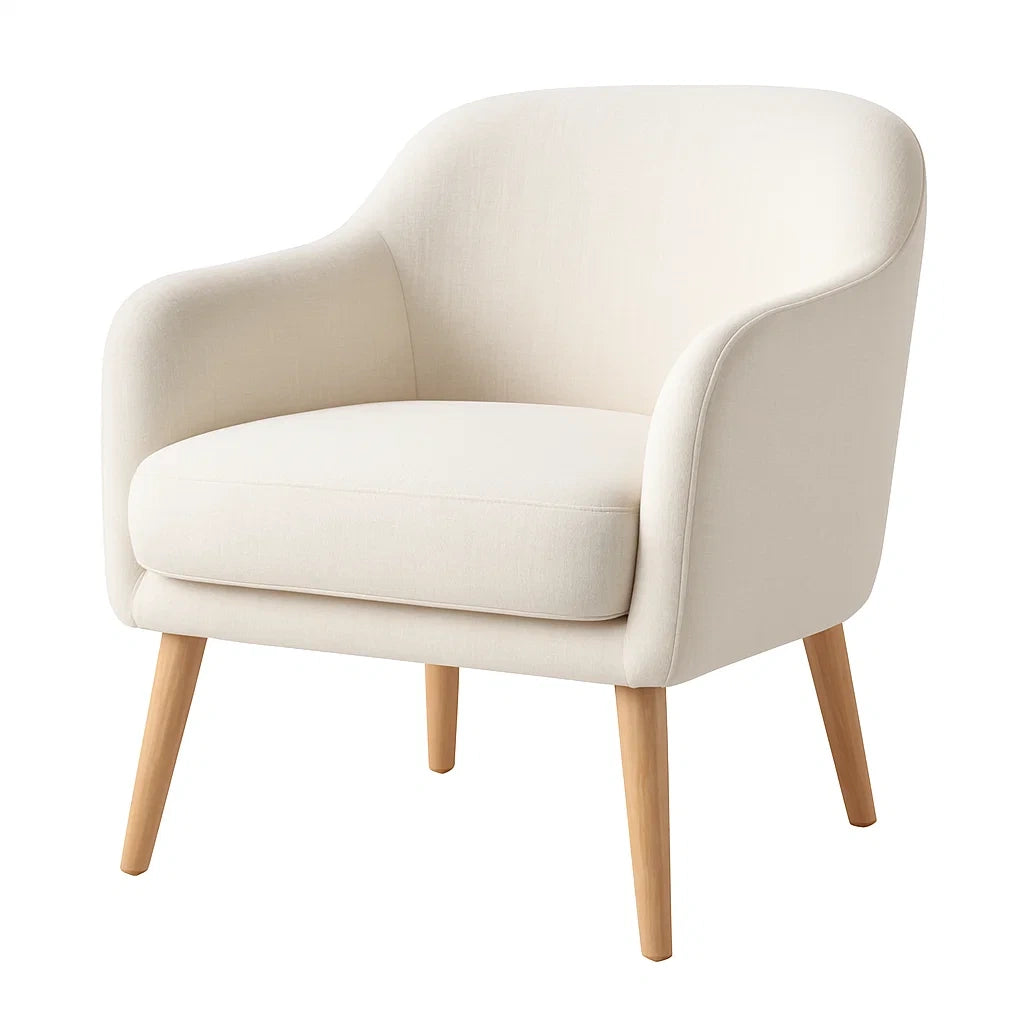 Poltrona in tessuto beige con gambe in legno