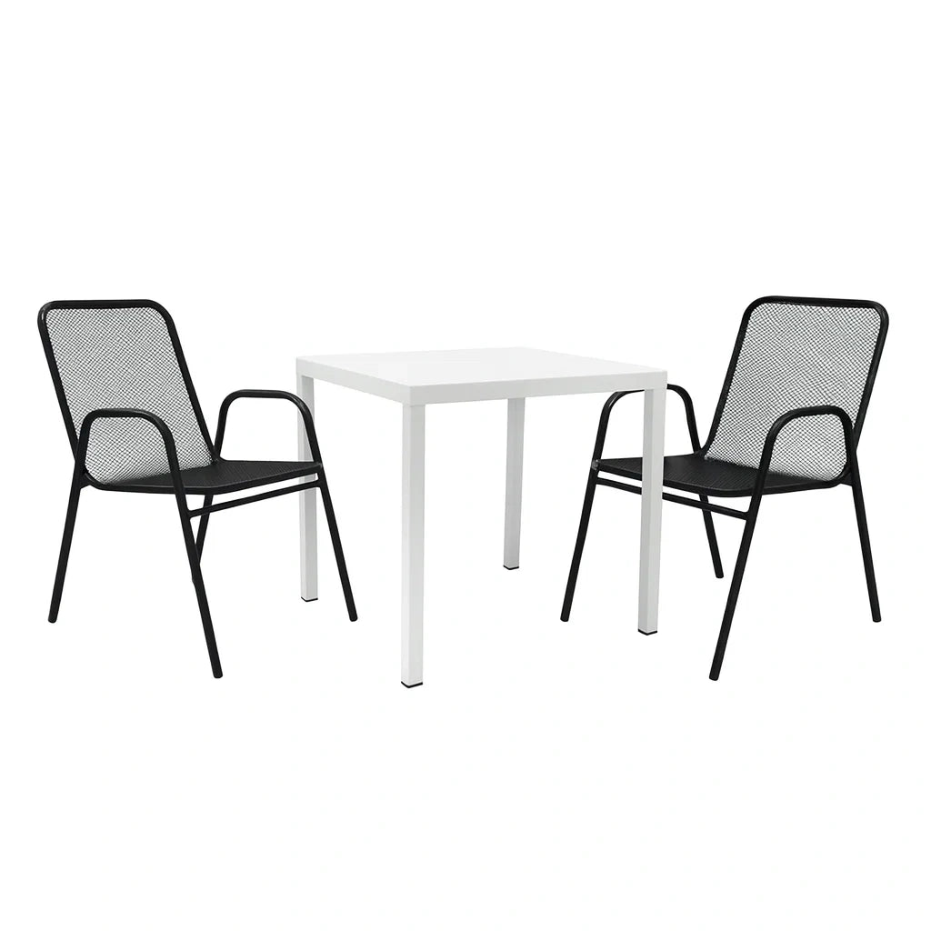 Set tavolo quadrato metallo bianco e 2 sedie acciaio nero esterno