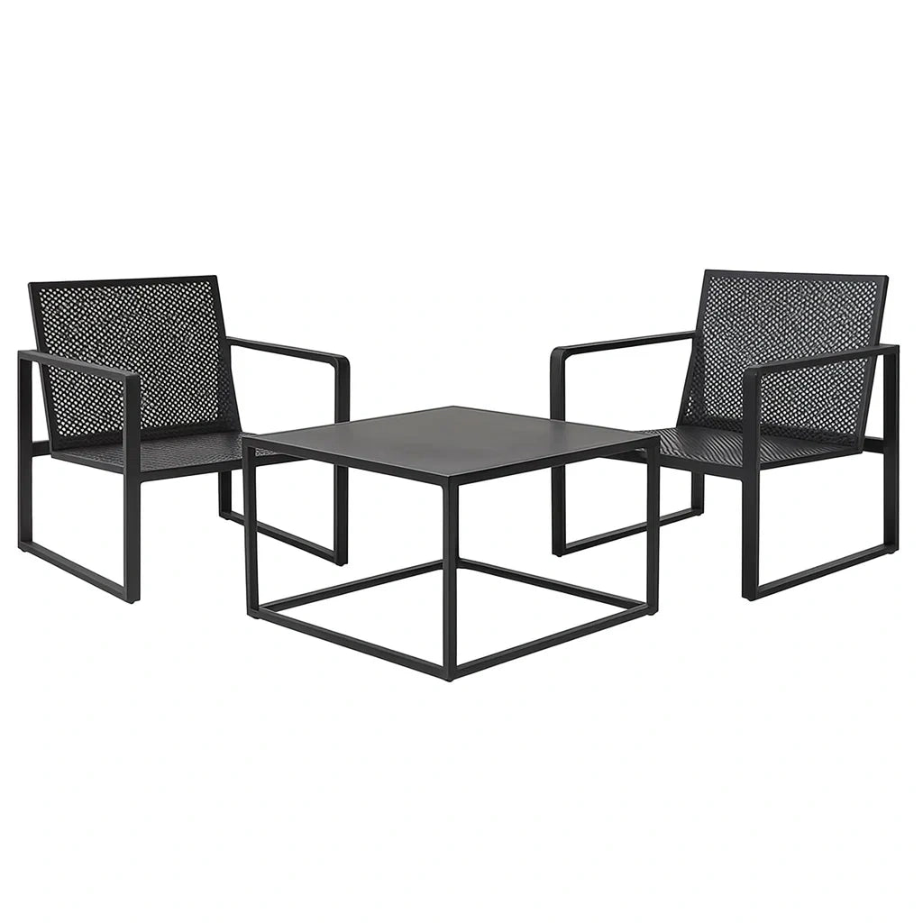 Set mobili da giardino in metallo verniciato nero, 2 poltrone e tavolino
