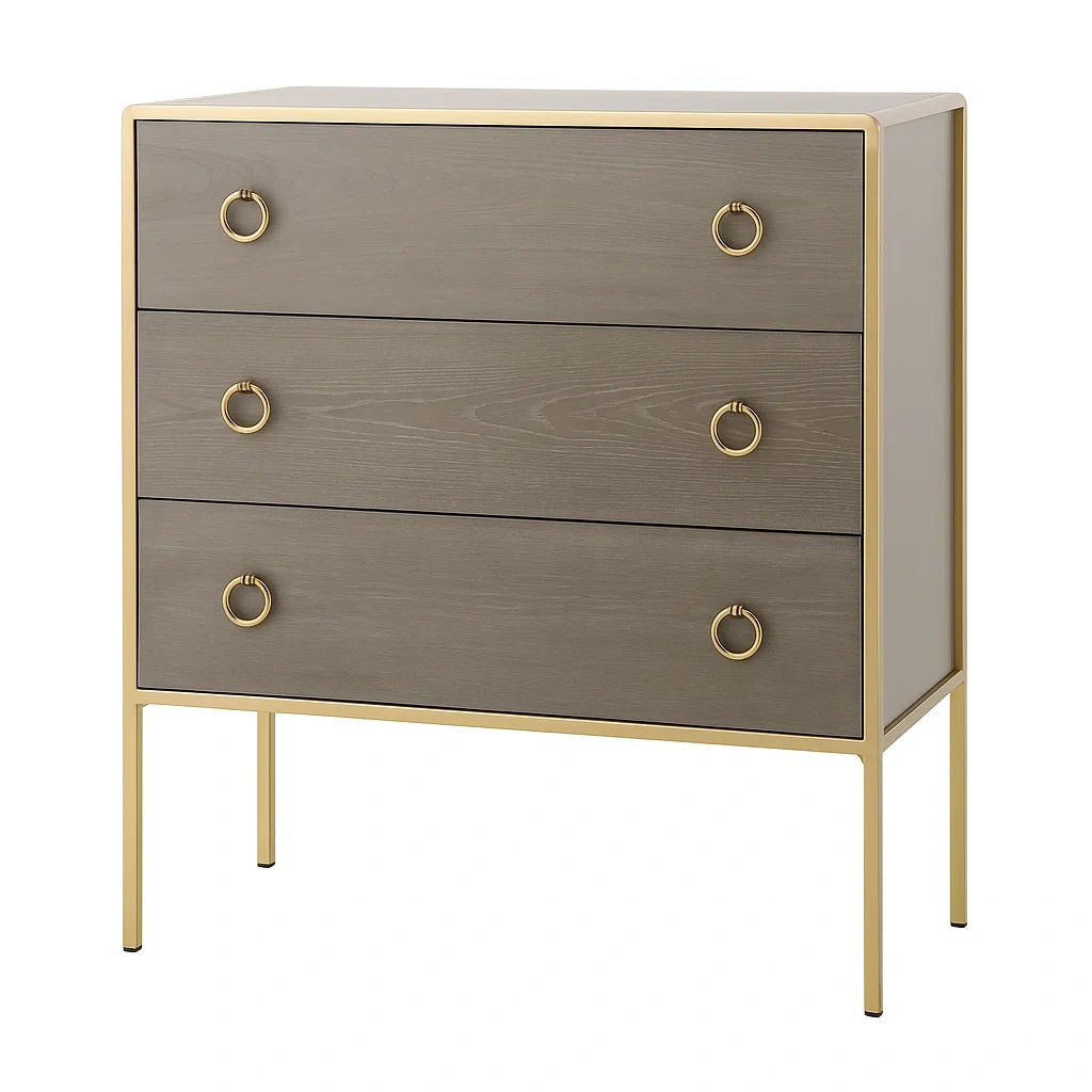 Cassettiera in Legno e Metallo Dorato a 3 Cassetti