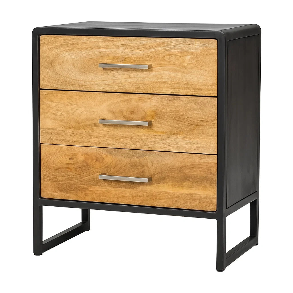 Cassettiera in legno di mango e acciaio nero con tre cassetti