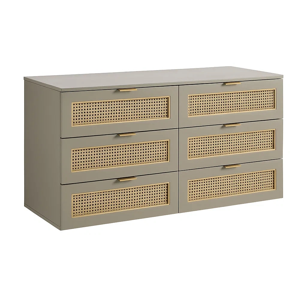 Cassettiera a 6 Cassetti MDF e Rattan Beige 120x40x80 cm