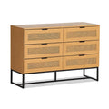 Cassettiera in Legno MDF con Sei Cassetti in Rattan e Struttura Metallica