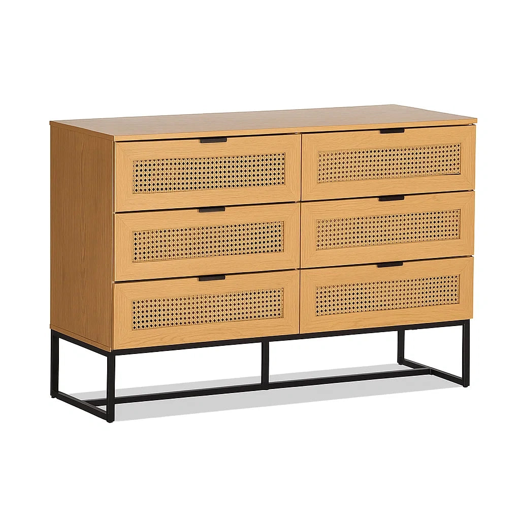 Cassettiera in Legno MDF con Sei Cassetti in Rattan e Struttura Metallica