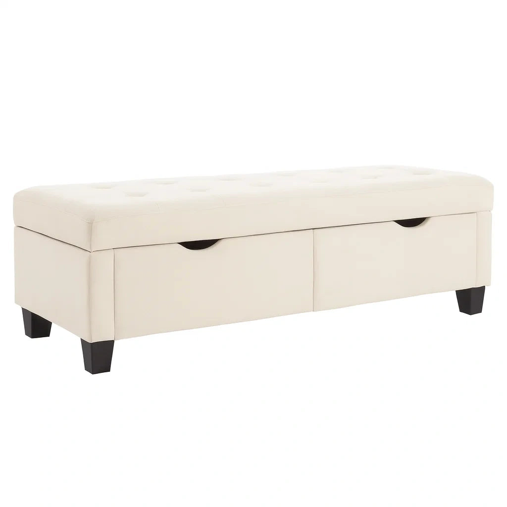 Panca Contenitore in Pelle Sintetica Bianca con Gambe in Legno