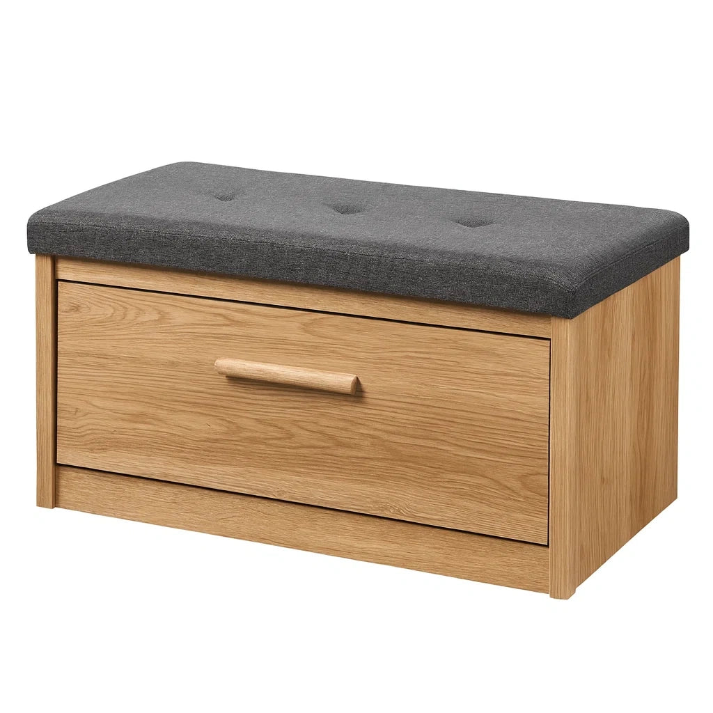 Panca con contenitore in legno e seduta in tessuto grigio