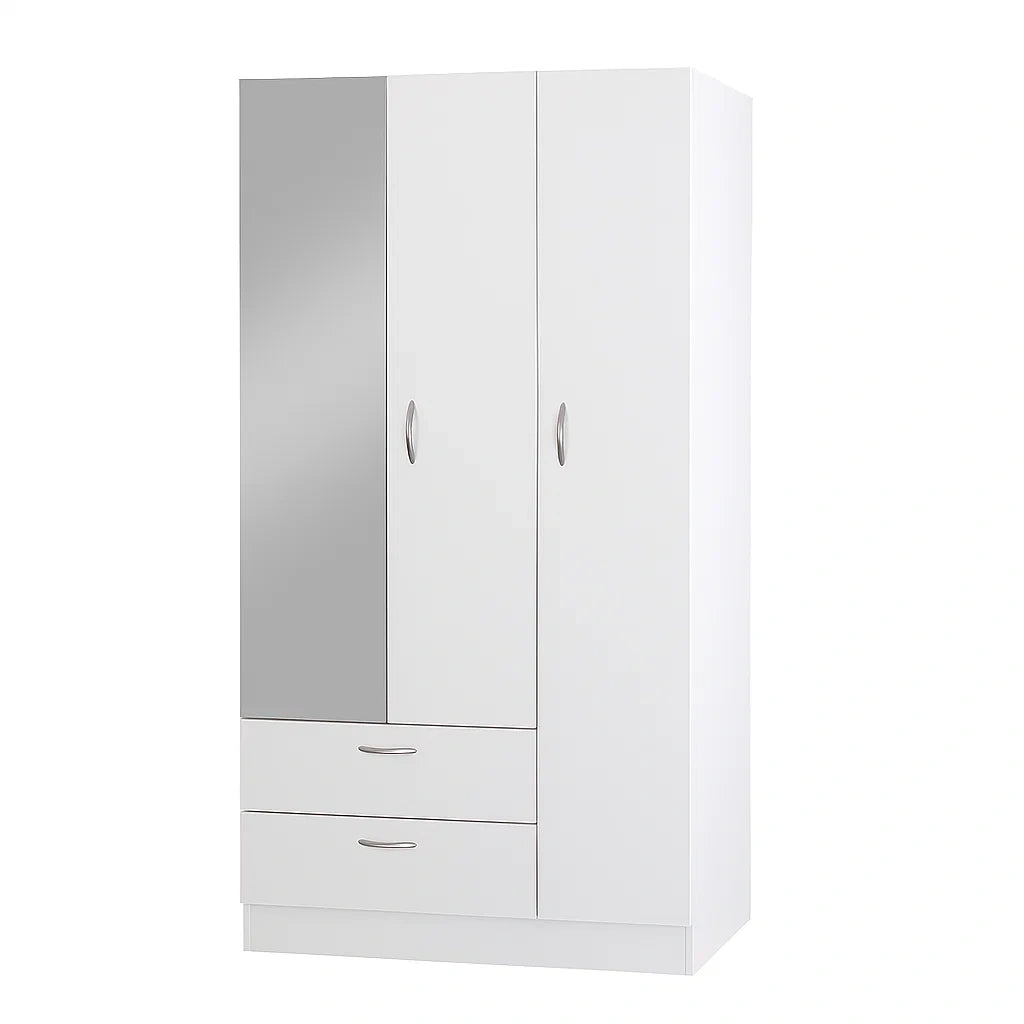 Armadio a tre ante con specchio e cassetti in legno composito bianco 200x120x50 cm