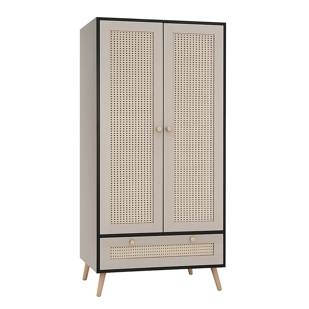 Armadio in Legno e Rattan a Due Ante con Cassetto