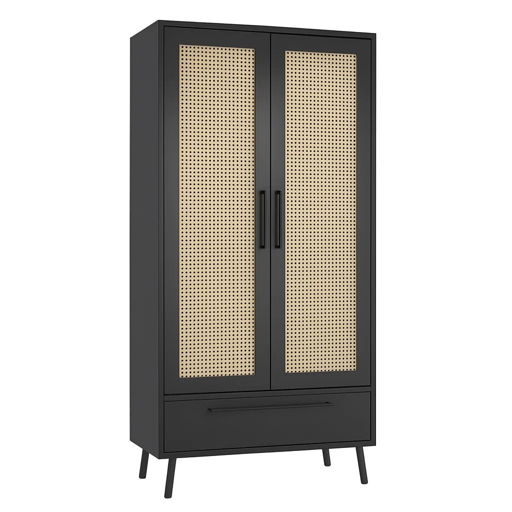 Armadio a Due Ante in Legno e Rattan Nero