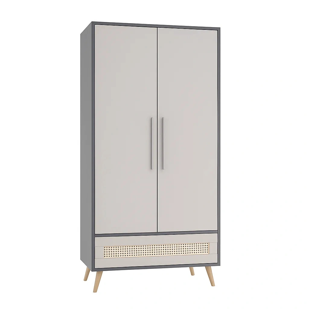Armadio a due ante in legno MDF e rattan