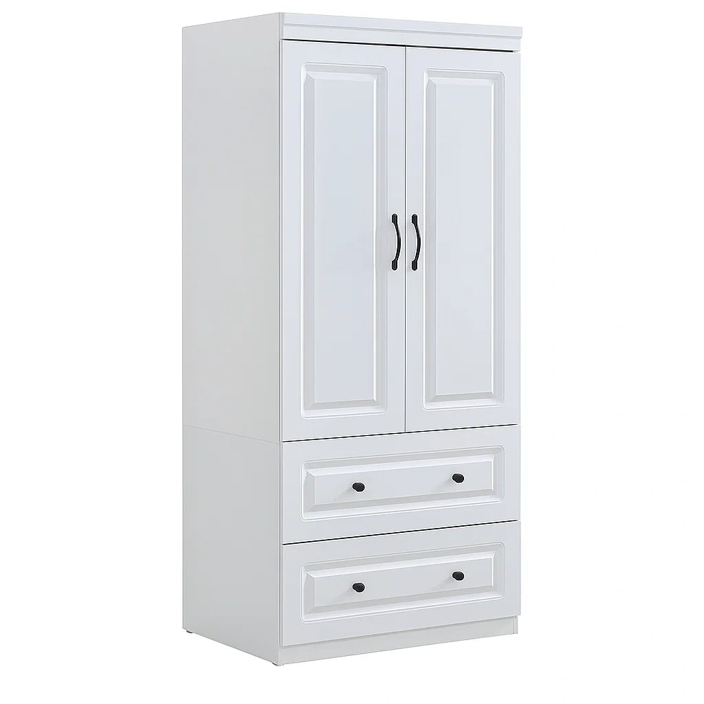 Armadio guardaroba in legno bianco con due ante e due cassetti