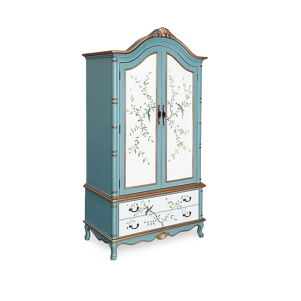 Armadio in Legno a 2 Ante con Cassetto Decorato Blu Bianco