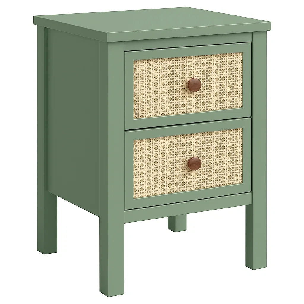 Comodino in legno e rattan con 2 cassetti Verde