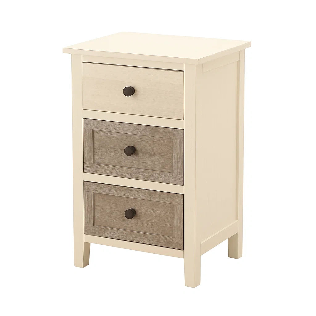 Comodino in Legno MDF con Tre Cassetti in Avorio e Grigio