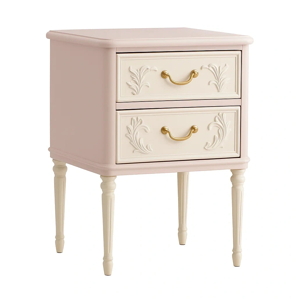 Comodino in Legno con Due Cassetti Rosa/Avorio