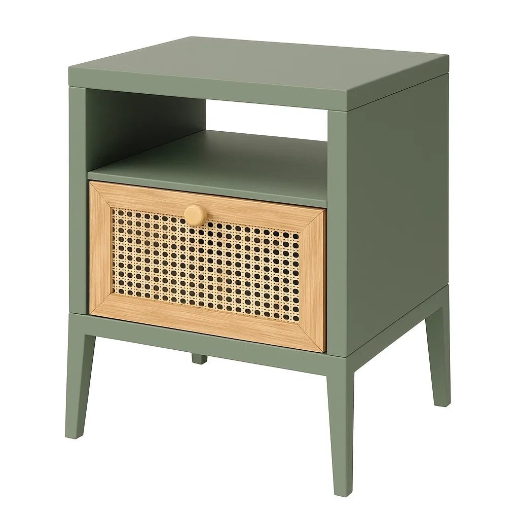 Comodino in Legno e Rattan Verde