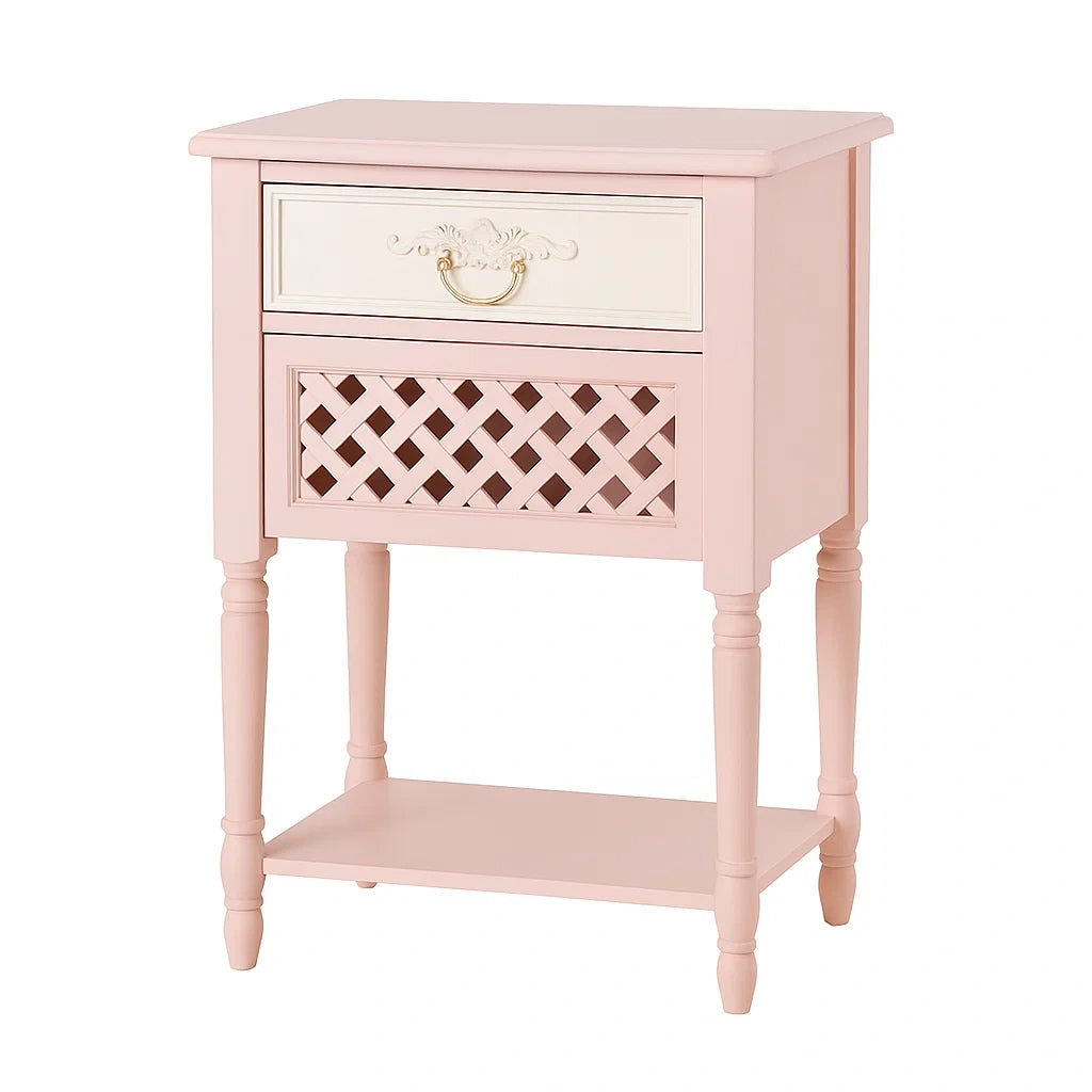 Comodino in legno di pino con due cassetti rosa