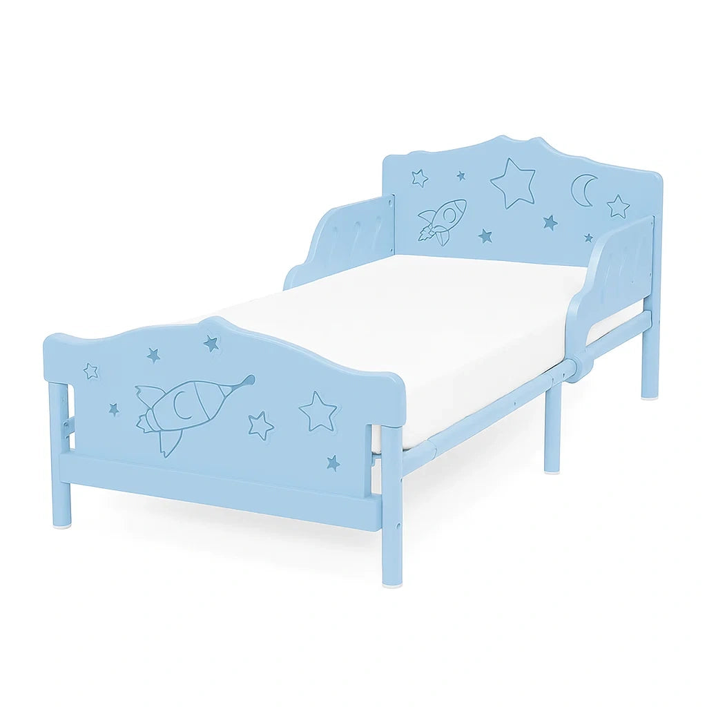 Letto per Bambini in Legno Azzurro con Motivo Razzi e Stelle