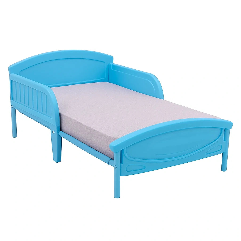 Letto per bambini in plastica blu con materasso in schiuma
