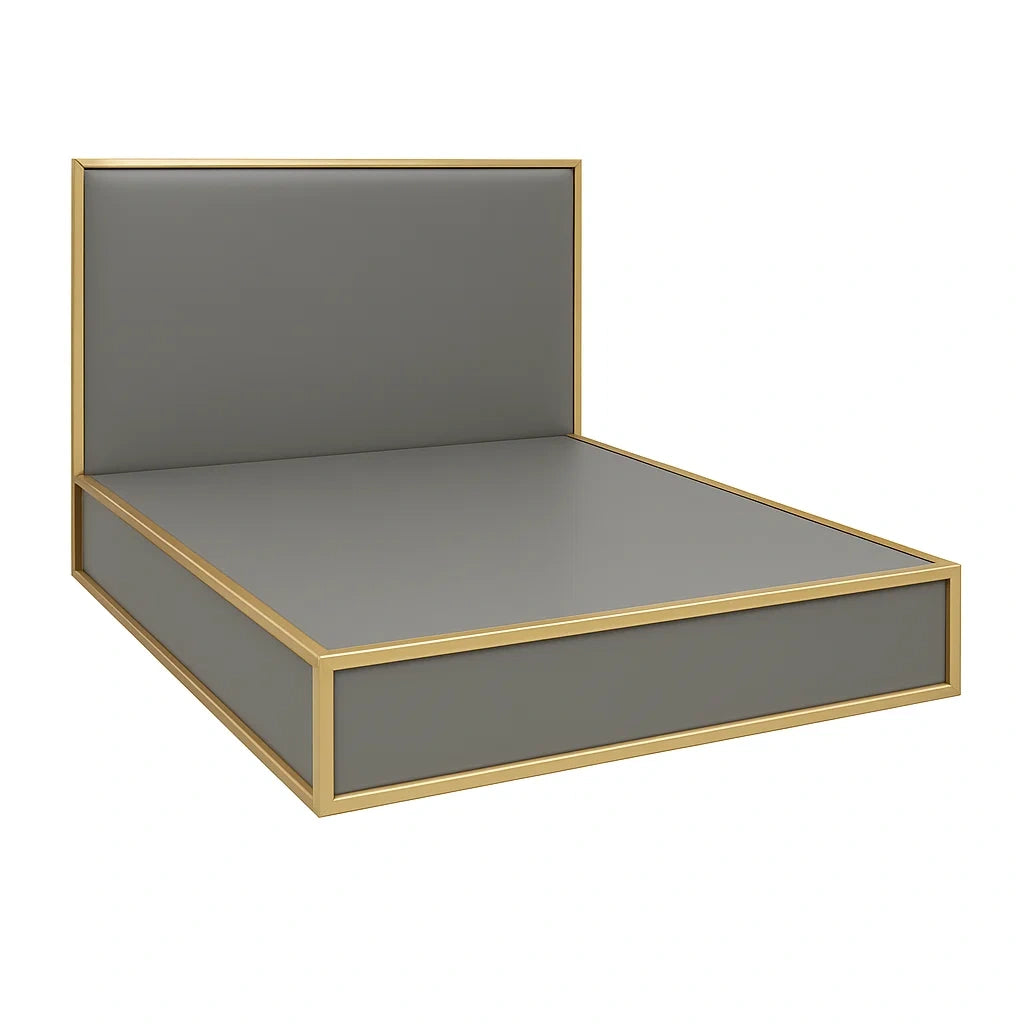 Letto matrimoniale in acciaio e tessuto grigio con cornice dorata